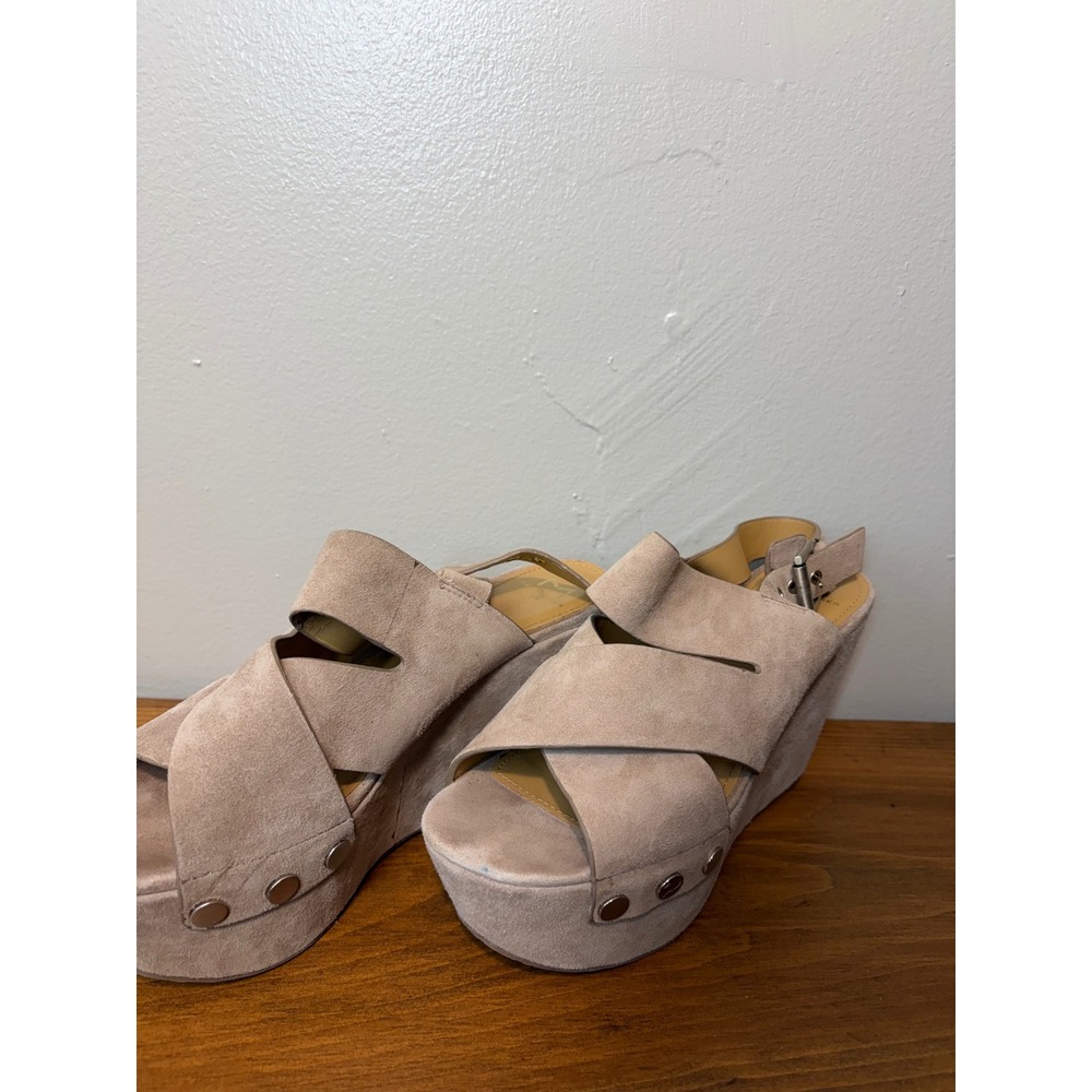 Marc Fisher LTD Adalyn Tan Suede Platform Wedge Slingback Sandals Studded 7.5M